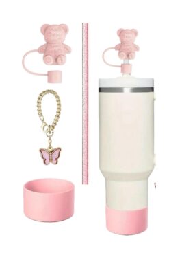 FESECRAFT 4 Adet Ayıcık Pipet Kapağı Simli Pipet Kelebek Charm Altlık Koruyucu Silikon Quencher Termos Uyumlu