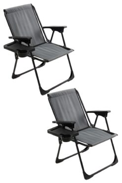 moniev Natura 2 Adet Kamp Sandalyesi Katlanır Piknik Sandalye Dikdörtgen Bardaklıklı Gri