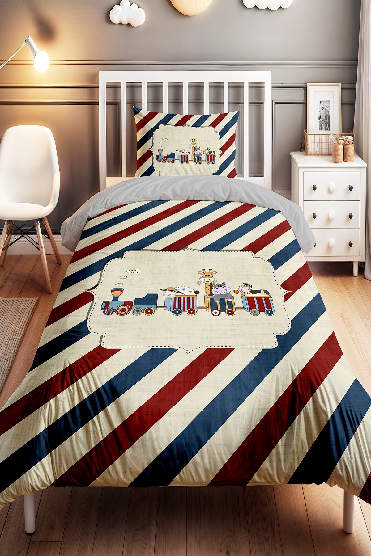 EVPANYA Kırmızı Mavi Çizgide Yolculuk Desenli Tek Kişilik Bebek Çocuk Nevresim Seti