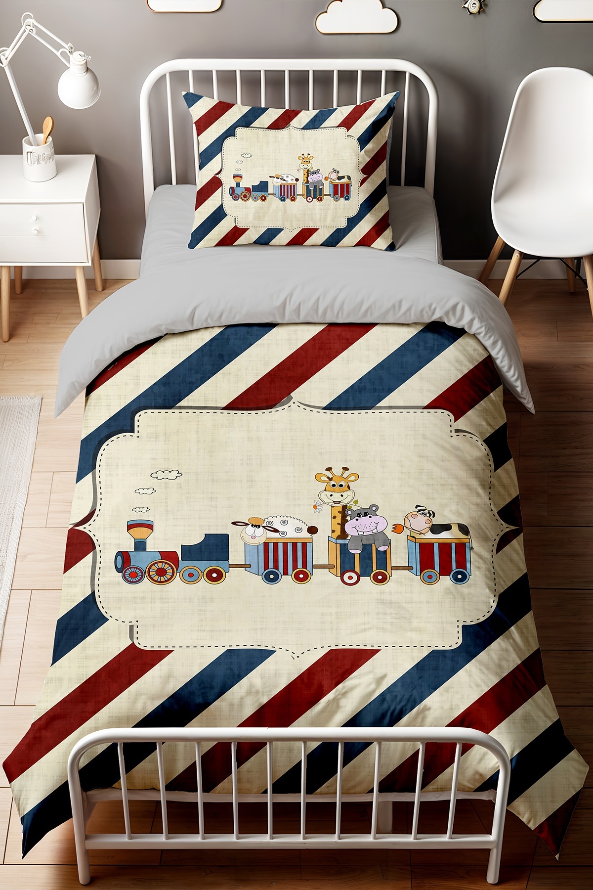 EVPANYA Kırmızı Mavi Çizgide Yolculuk Desenli Tek Kişilik Bebek Çocuk Nevresim Seti - Görsel 2