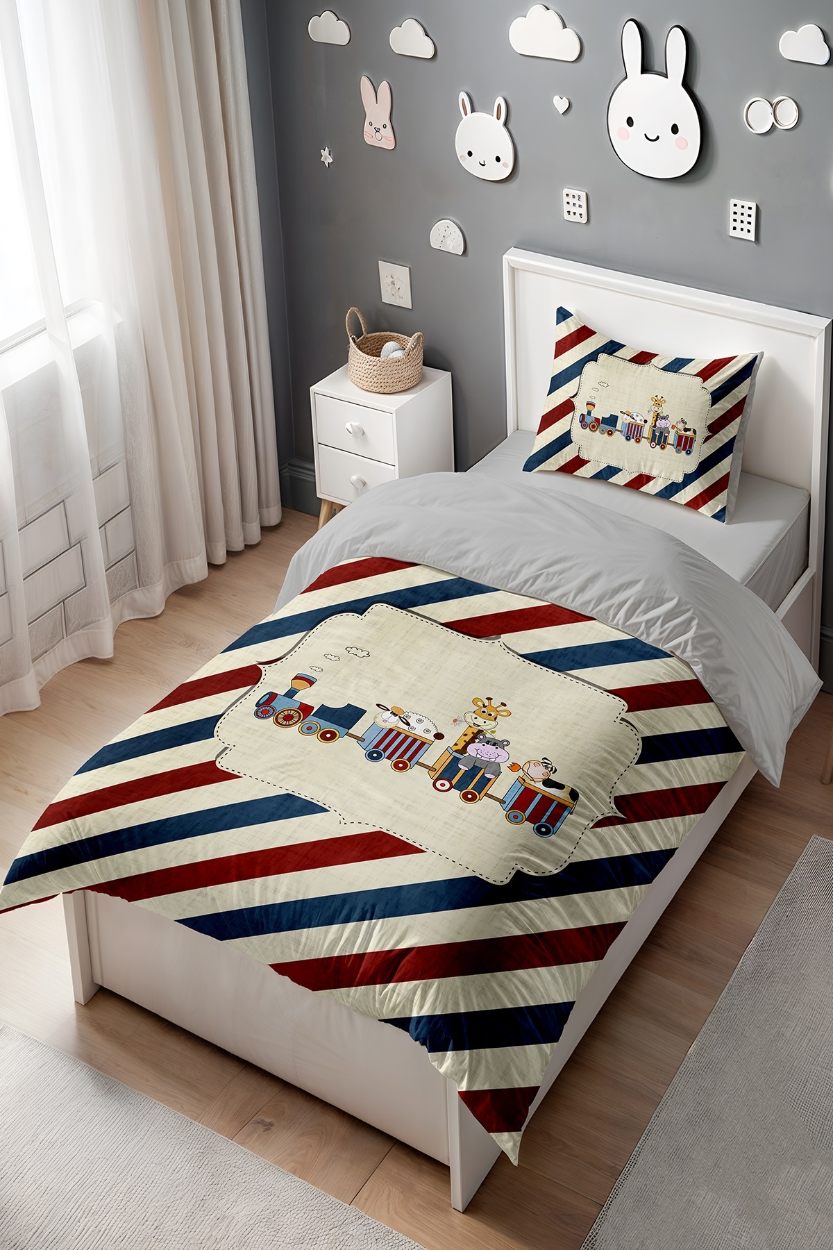 EVPANYA Kırmızı Mavi Çizgide Yolculuk Desenli Tek Kişilik Bebek Çocuk Nevresim Seti - Görsel 3