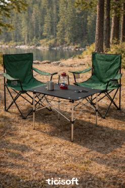 Ticisoft Dayanıklı Taşıma Çantalı Bardaklıklı 2 adet Kamp Sandalyesi 1 adet Kamp Masası Katlanabilir 3lü Set