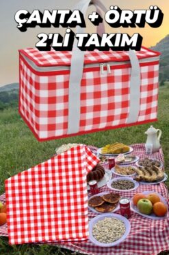 Mega Everest Piknik Örtülü Takım Termal Termos Çanta Seti Piknik Örtüsü Dahil 25 Litre Ekoseli