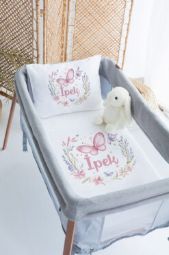 Lilabio %100 Pamuk Saten İsme Özel İsimli 70x120 Park Yatak Nevresim Seti Kelebek