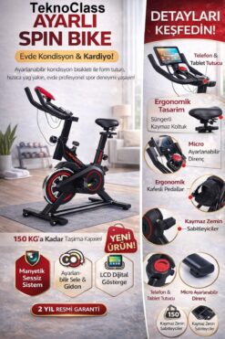 TeknoClass Ayarlı Kondisyon Bisikleti Spor Koşu Egzersiz Bisikleti Spin Bike Dikey Ev Bisikleti TKN-44