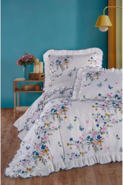 Uckan %100 pamuk çift kişilik nevresim takımı fırfırlı süs dikişli mavi çiçek desen