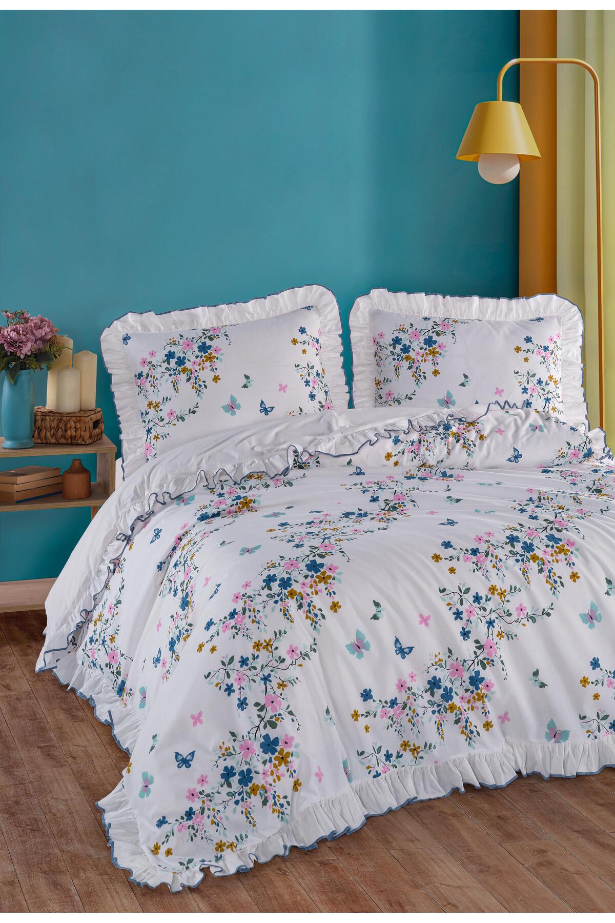 Uckan %100 pamuk çift kişilik nevresim takımı fırfırlı süs dikişli mavi çiçek desen - Görsel 2