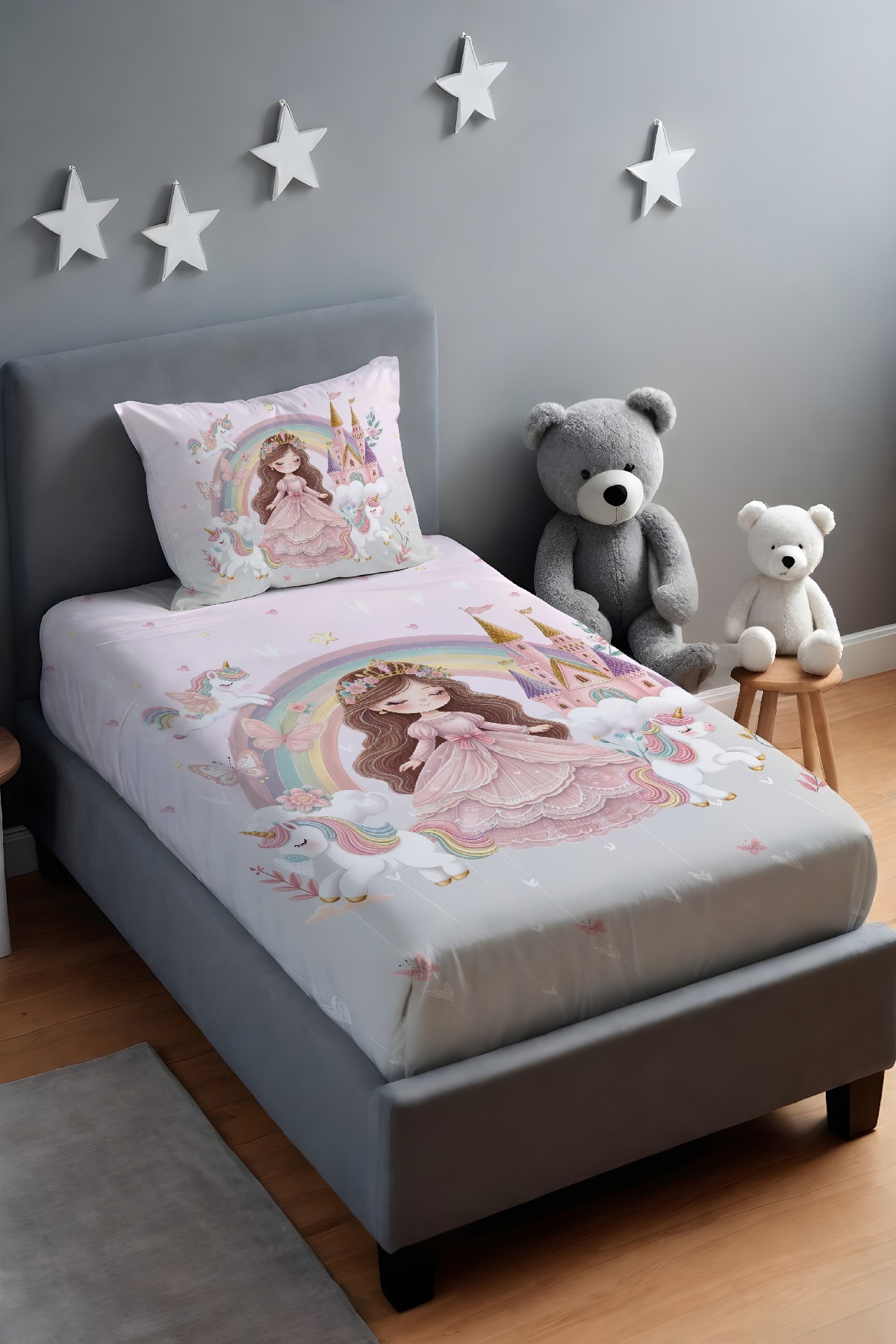 EVPANYA Pembe Gri Unicornlu Prenses Desenli Yatak Örtüsü ve Yastık Kılıfı - Görsel 2