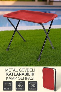 İronika Metal Gövdeli Portatif Katlanabilir Kamp Piknik Balkon Sehpası Masası Kırmızı