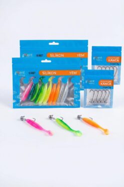Exent 8 cm Silikon Yem Seti 20 Adet + Kurşun Kafalı Jig Head Kanca 10 Adet | Levrek, Çupra, Lüfer