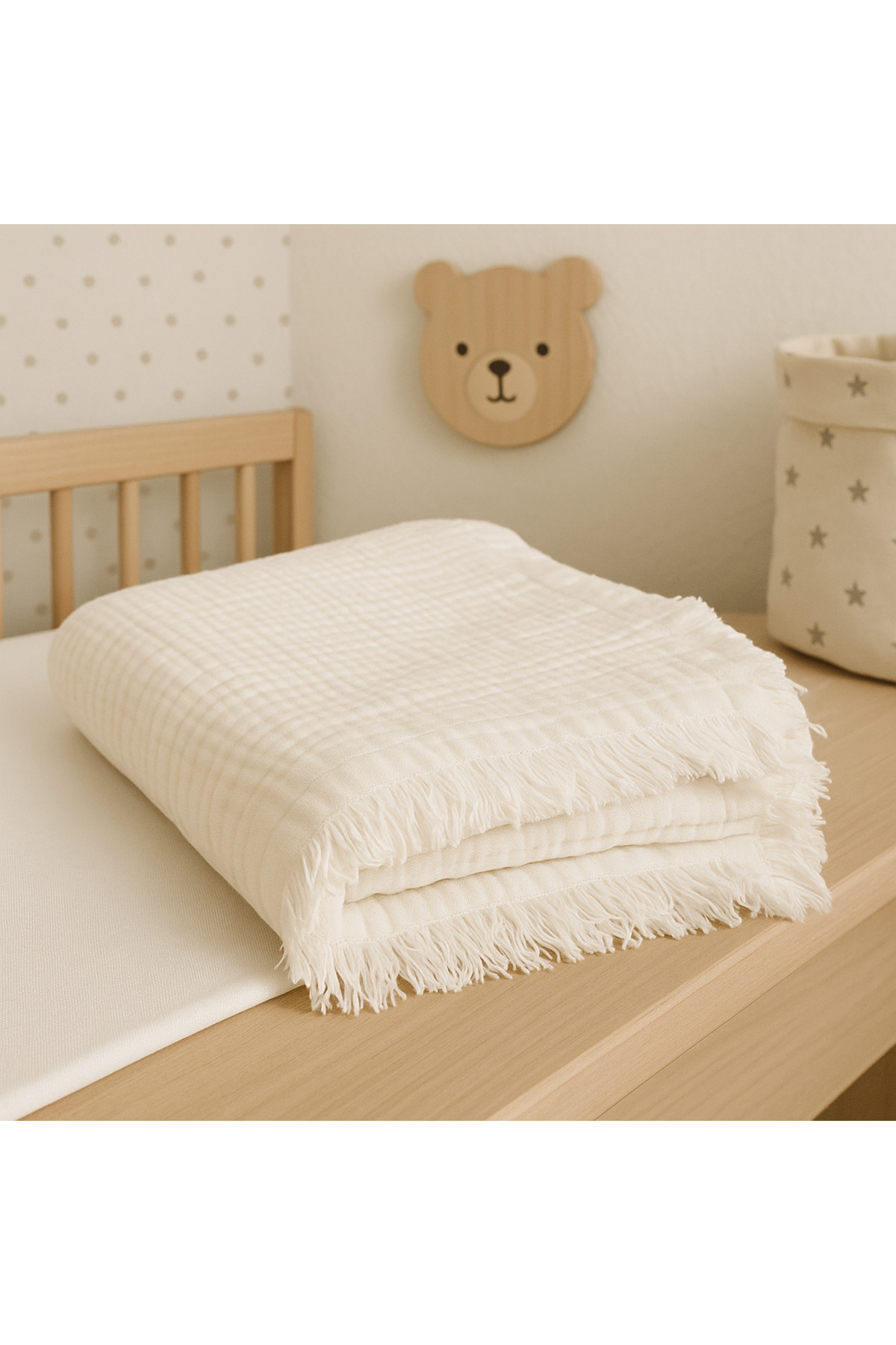 Heianmono Kids 4 Katlı Krem Rengi %100 Pamuk Müslin Saçaklı Bebek Battaniye (90x110 cm)