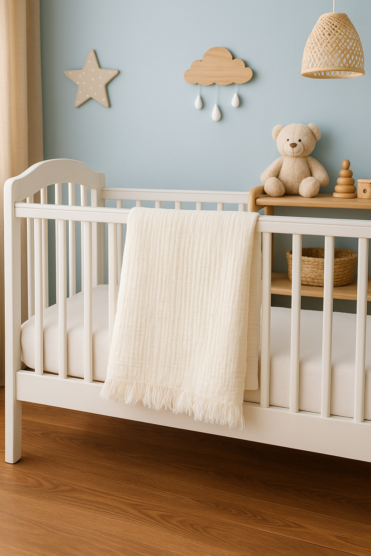 Heianmono Kids 4 Katlı Krem Rengi %100 Pamuk Müslin Saçaklı Bebek Battaniye (90x110 cm) - Görsel 2