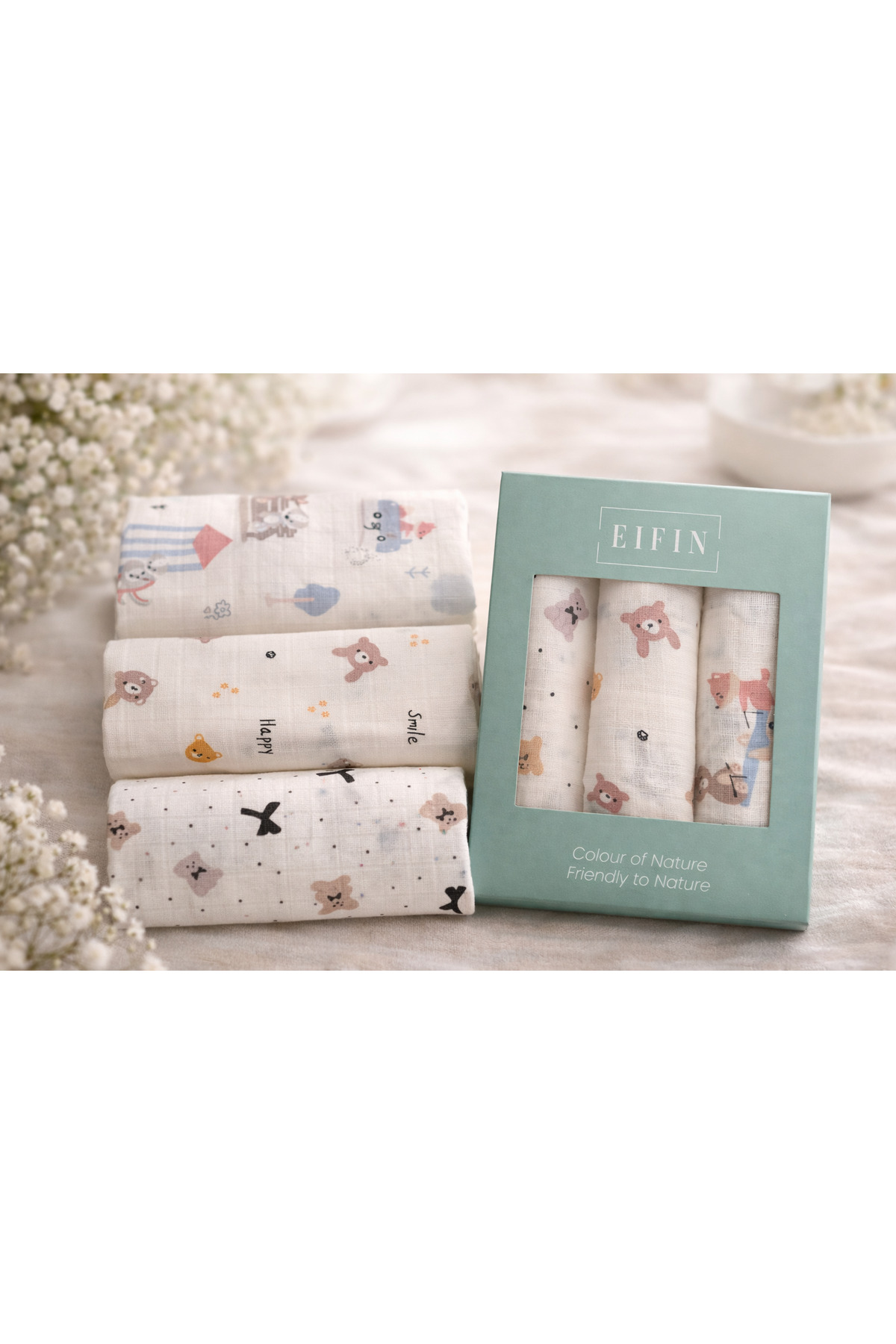 EIFIN Çok Amaçlı Müslin Örtü & Battaniye 3'lü Set %100 Pamuk Oeko-tex Sertifikalı Kutulu - Görsel 2