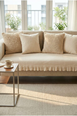 YUNUSOĞLU HOME Keten Pamuk Koltuk Örtüsü Fırfırlı Krem 90x200 cm Şık ve Doğal Görünüm