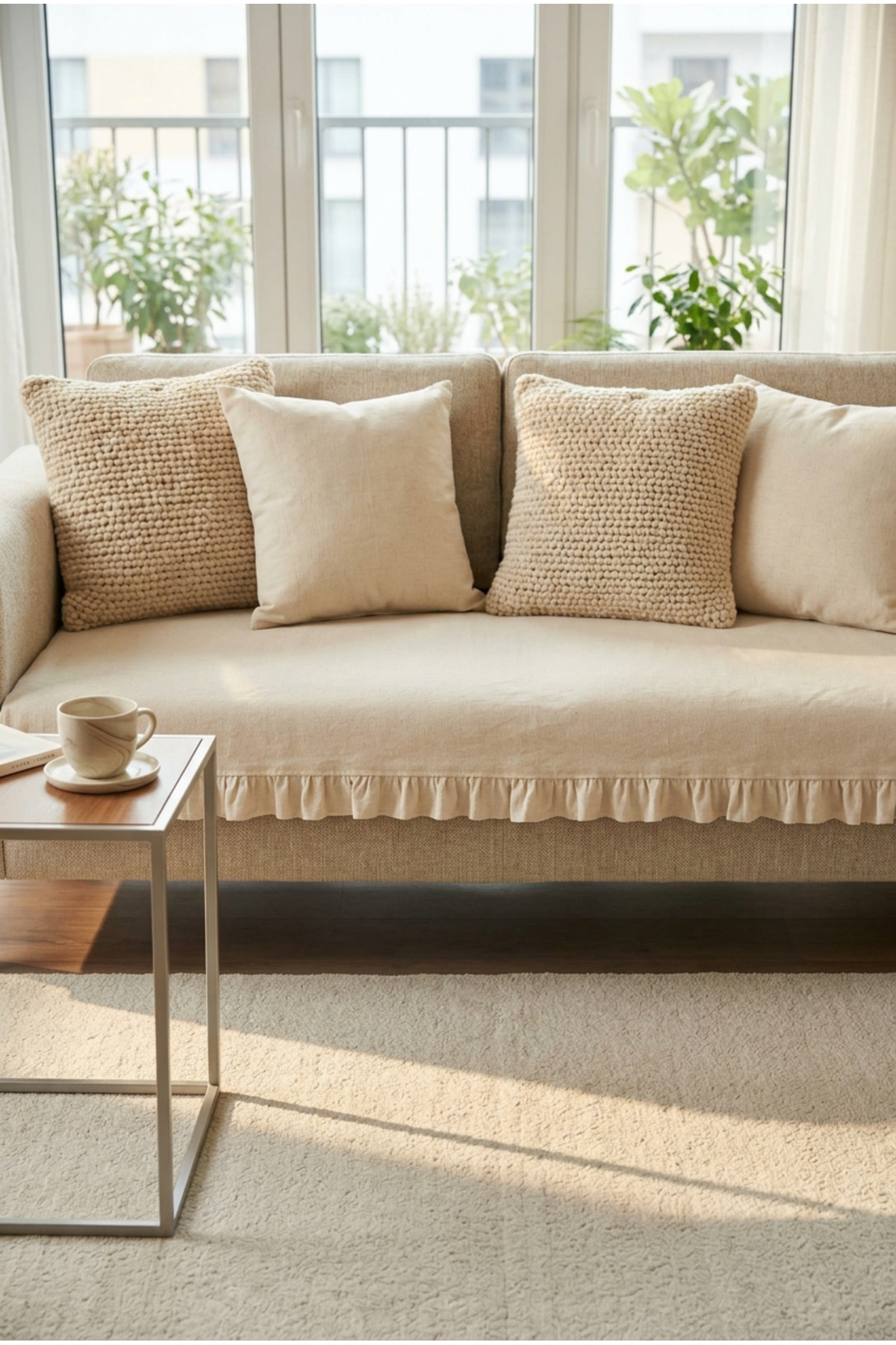 YUNUSOĞLU HOME Keten Pamuk Koltuk Örtüsü Fırfırlı Krem 90x200 cm Şık ve Doğal Görünüm