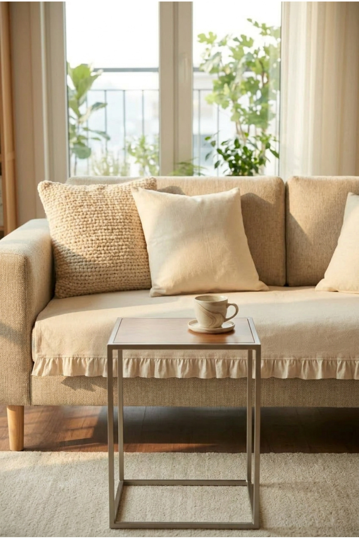 YUNUSOĞLU HOME Keten Pamuk Koltuk Örtüsü Fırfırlı Krem 90x200 cm Şık ve Doğal Görünüm - Görsel 2