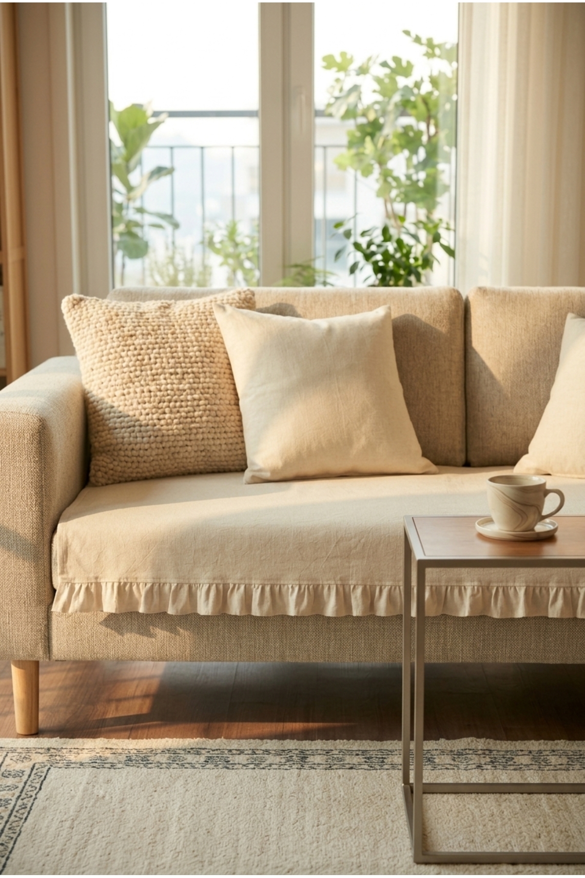 YUNUSOĞLU HOME Keten Pamuk Koltuk Örtüsü Fırfırlı Krem 90x200 cm Şık ve Doğal Görünüm - Görsel 3