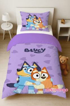 dekomingo Bluey Mor Desenli Desenli Nevresim Takımı (Çarşafsız) – 155x220 / 50x70 cm Yastık Kılıfı