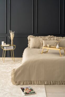 Odamoda Eva Çift Kişilik Pike Yatak Örtüsü Takımı BEJ - Pamuklu Fırfırlı Günlük Örtü Seti -Şık Kutu ve Paket