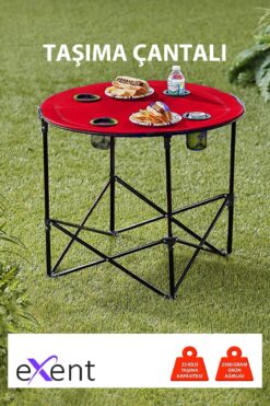 Exent Yuvarlak Katlanır Kamp Masası, Taşıma çantalı kamp masası, Piknik masası-KIRMIZI-71x71x60