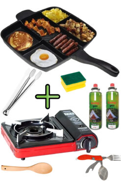 Camp Reyon 5 Gözlü Granit Döküm Tava + Sünger + Maşa+ Tahta Kaşık + Çatal Kaşık Seti + Kamp Ocağı + 2 Yedek Gaz