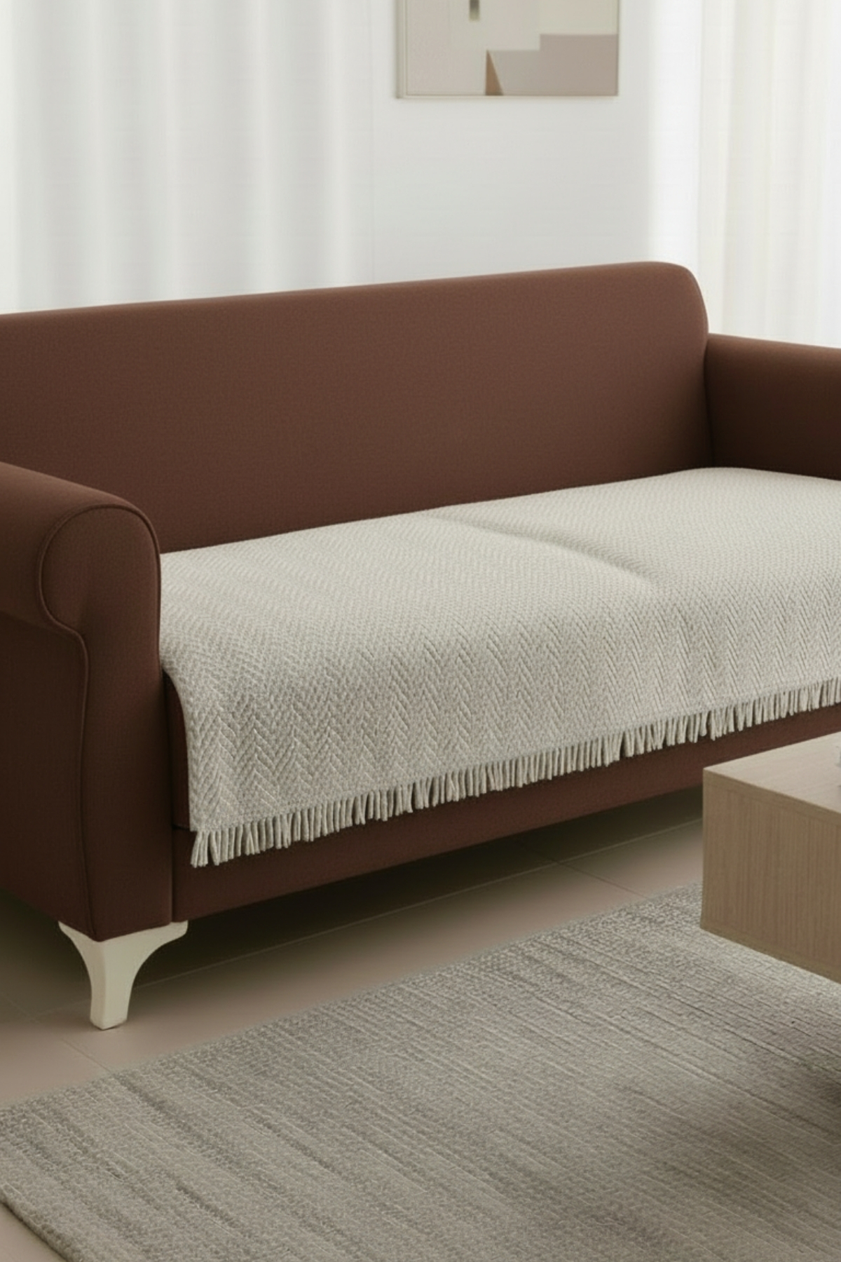 Senpai NaturaLux Pamuklu Bohem Koltuk Oturma Yerini Kapatan Çekyat Berjer Örtüsü Şalı | 100x210 Krem - Görsel 3