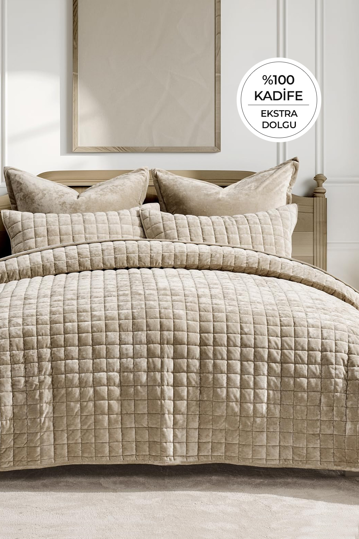 Evlen Home Collection Stacy %100 Kadife Yatak Örtüsü Yorgan Uyku Seti Çift Kişilik Kalın Elyaf Dolgulu 3 Parça Bej