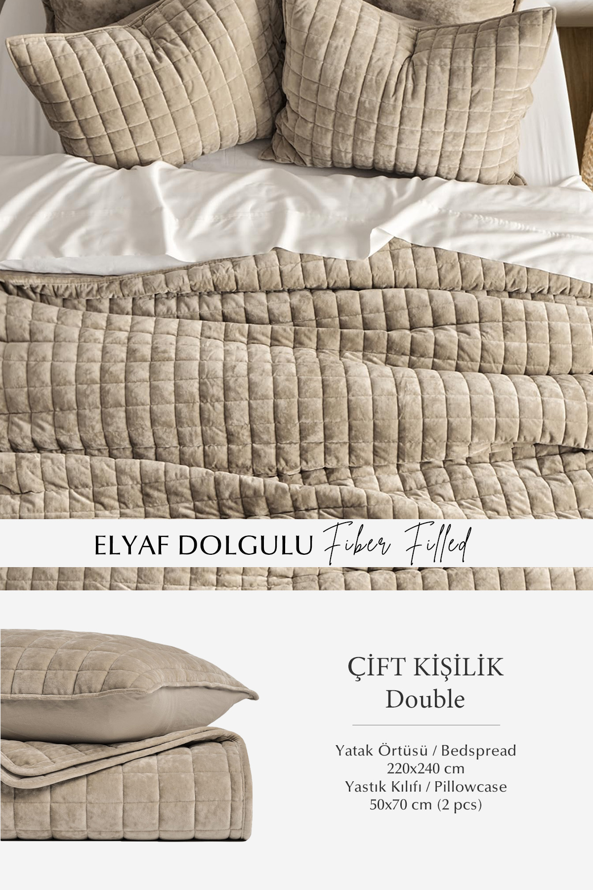Evlen Home Collection Stacy %100 Kadife Yatak Örtüsü Yorgan Uyku Seti Çift Kişilik Kalın Elyaf Dolgulu 3 Parça Bej - Görsel 2
