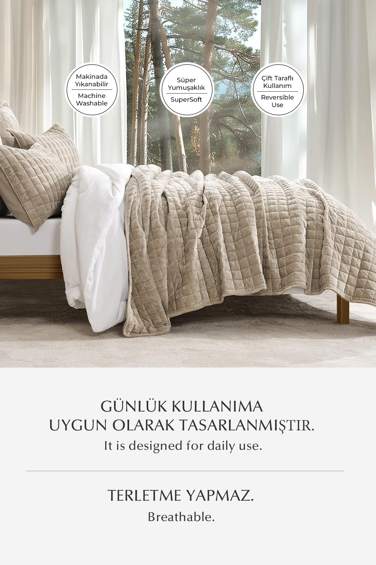 Evlen Home Collection Stacy %100 Kadife Yatak Örtüsü Yorgan Uyku Seti Çift Kişilik Kalın Elyaf Dolgulu 3 Parça Bej - Görsel 3