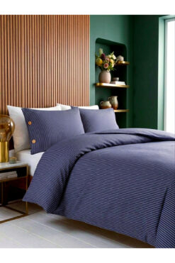 CollessiaHome %100 Pamuk Saten Çift Kişilik Çizgili Ahşap Düğme Detaylı Nevresim Set - ÇARŞAFSIZ -Lacivert