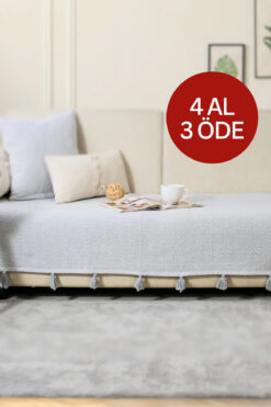 Lux Touch Lavi Ponponlu Gri Koltuk Örtüsü 115 x 200 cm Kanepe Divan Çekyat Berjer Örtüsü Şalı Püsküllü
