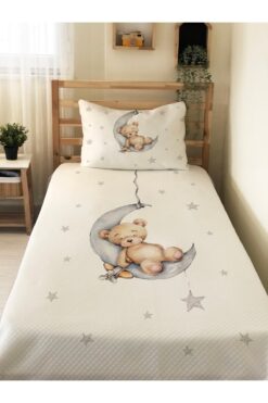 Evmila Ayda Ayıcık Desenli Bebek Ve Çocuk Baskılı Tek Kişilik Pike Takımı 160 X 220 Cm Beyaz