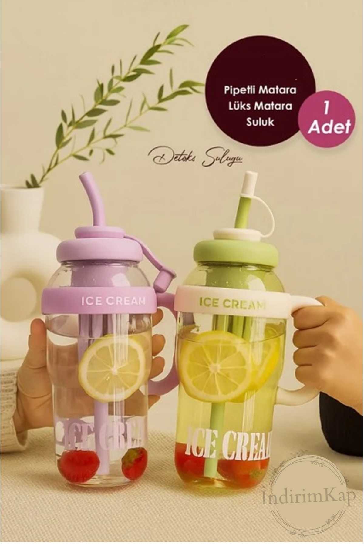 İndirimKap Ice Cream Detox Su Şişesi – 1300ML BPA Free Big Mug Ice Bottle -SPOR MATARA - Görsel 2