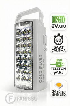 farissu Gold Silver GS-2400 Şarjlı 24 LED Işıldak & Powerbank - 80 Saat Aydınlatma (Telefon Şarj Eder)