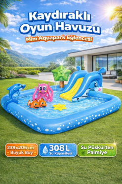 YILDIRIM OYUNCAK Kaydıraklı Oyunlu Şişme Çocuk Havuzu 239x206x86cm – Su Püskürten Bahçe Aquapark Havuzu 308Litre