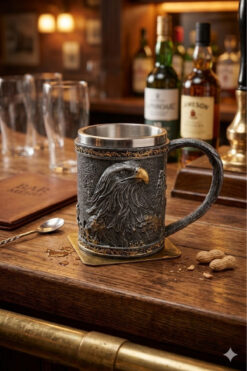 MINDA Kartal Kupa Bardak - Siyah Beyaz Altın Kartal Özel Seri - 450 ml Paslanmaz Çelik - Bira Bardağı