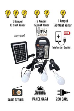 kar-bul Dat 999 Radyolu Solar Güneş Enerjili Aydınlatma Sistemi Kamp Lambası 3 Adet Lambalı At-999