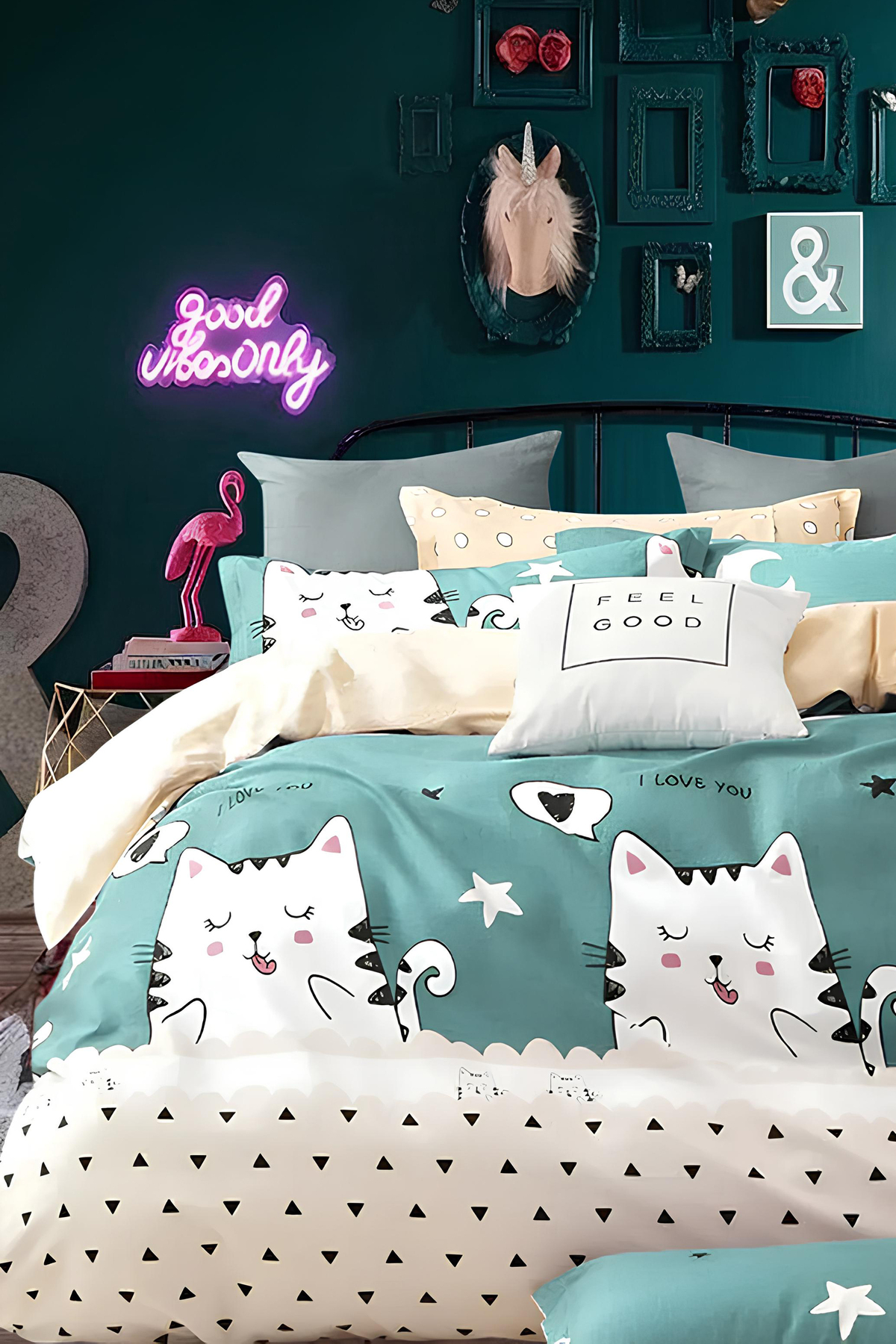 İQON Lastikli Çarşaflı Nevresim Takımı Tek Kişilik Sevimli Kediler Petrol