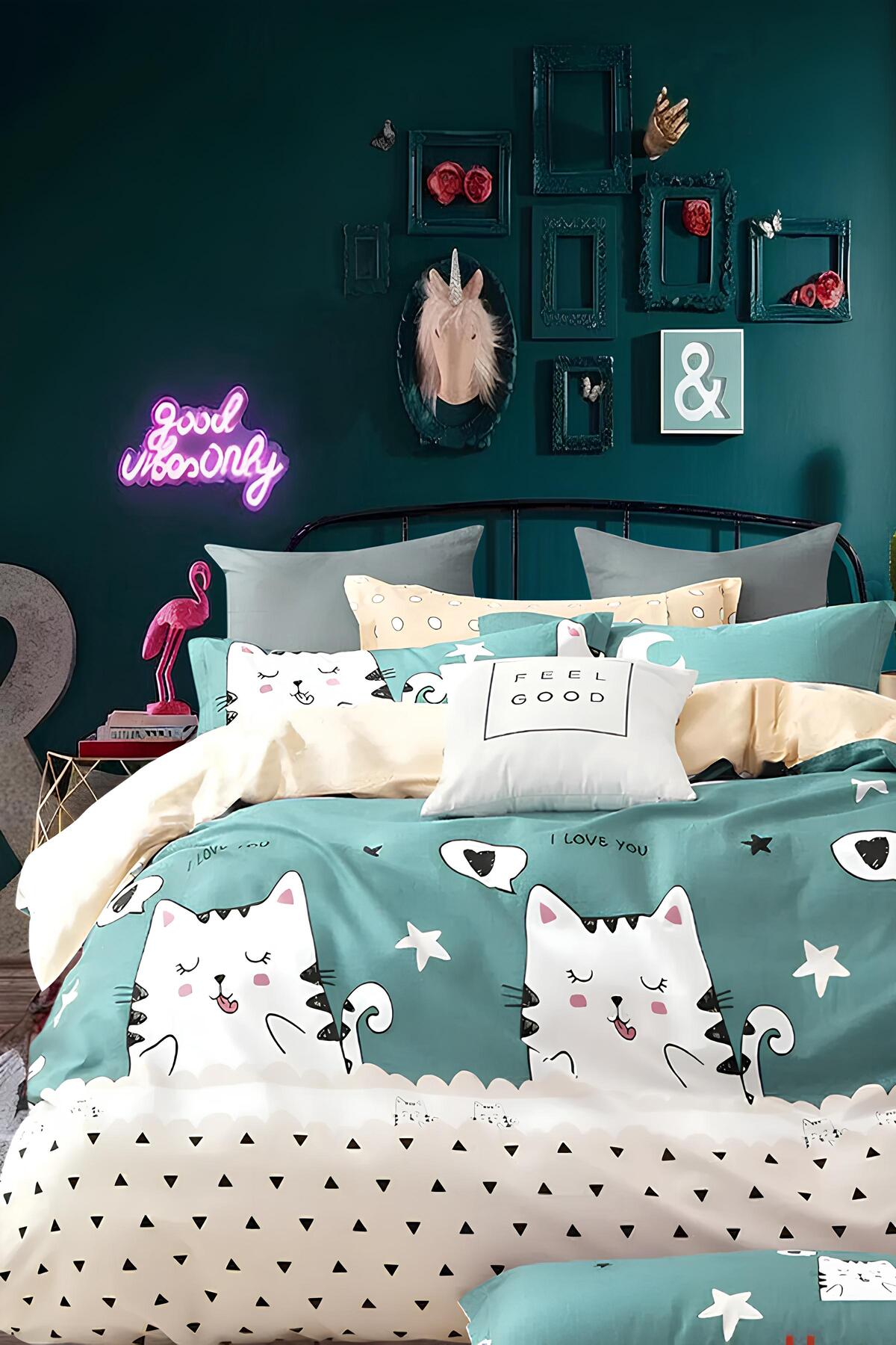 İQON Lastikli Çarşaflı Nevresim Takımı Tek Kişilik Sevimli Kediler Petrol - Görsel 2