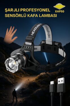 FAVBOX Sensörlü Zoomlu Profesyonel 3000 Lümen Xhp50 Led Usb'li Şarjlı Kafa Lambası