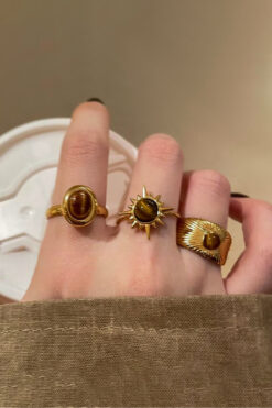 The Collection 3'lü Kombin Kahverengi Taşlı Gold Vintage Ayarlanabilir Yüzük Set