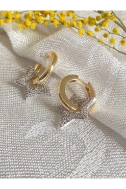 Çelik Gold Halkada Zirkon Kaplı Yıldız Küpe