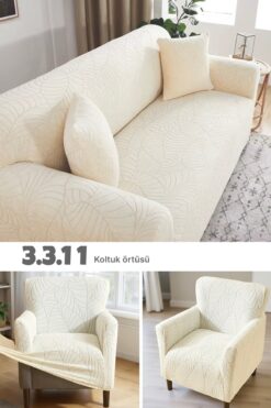 Faiend Jakarlı 3 3 1 1 krem Lastikli Kanepe Örtüsü | Lastikli Koltuk Örtüsü | koltuk kılıfı Takımı