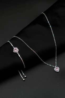 TREND COLLECTİON Zirkon Taşlı Kalp Charm Model Pembe Renk Kadın Kolye Ve Bileklik Set
