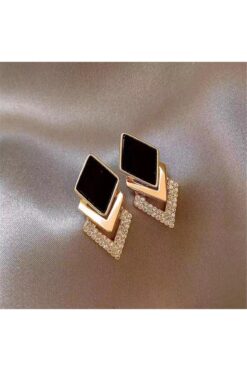 Pelin Aksesuar Siyah Gold Dörtgen Küpe