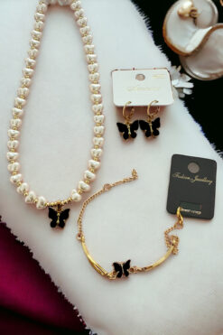 Saltos İncili Siyah Kelebekli Kolye Küpe Bileklik Seti Kadın Kolye Küpe Bileklik İncili Kolye Küpe Bileklik