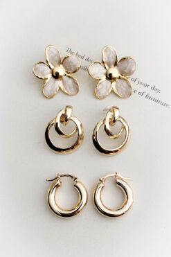 roshel 3 Çift Küpe Seti Kelebek Çiçek Zincir Altın Kaplama