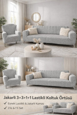 Faiend Jakarlı 3 3 1 1 Taş-gri Lastikli Kanepe Örtüsü | Lastikli Koltuk Örtüsü | koltuk kılıfı Takımı