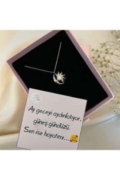 Lovera Jewellery 925 Ayar Gümüş Beyaz Opal Taşlı Ay Ve Güneş Kolye