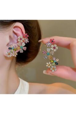 Pelin Aksesuar Renkli Kristal Çiçekli Küpe Kulak Aksesuarı